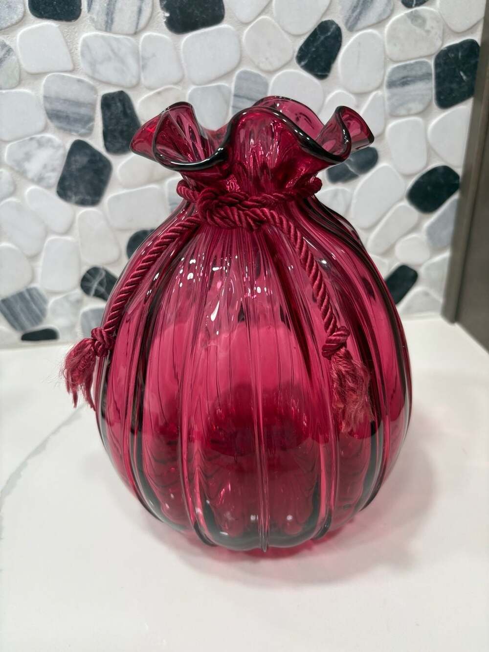 Vintage Pilgrim Art Glass Cranberry Ribbed Sack Vase with Cord, Signed P. Caldwe